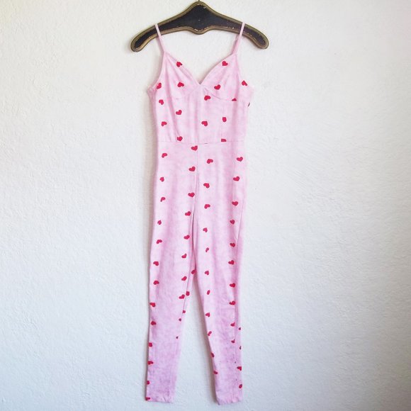 ASOS Pants - ASOS Heart Print Pink White Stretch Pajama Jumpsuit Catsuit Unitard Sz 2 XS